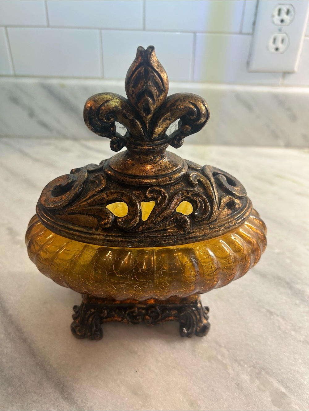 Decorative Amber Glass & Bronze Accent Jar - Home Accents